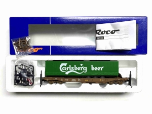 H0-DC-ROCO-66590---4-achsiger-Taschenwagen---CARLSBERG---DSB---Ep-V