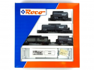 H0-DC-ROCO-44021---4-tlg-Kesselwagen-Set-BASF---DB---Ep-III