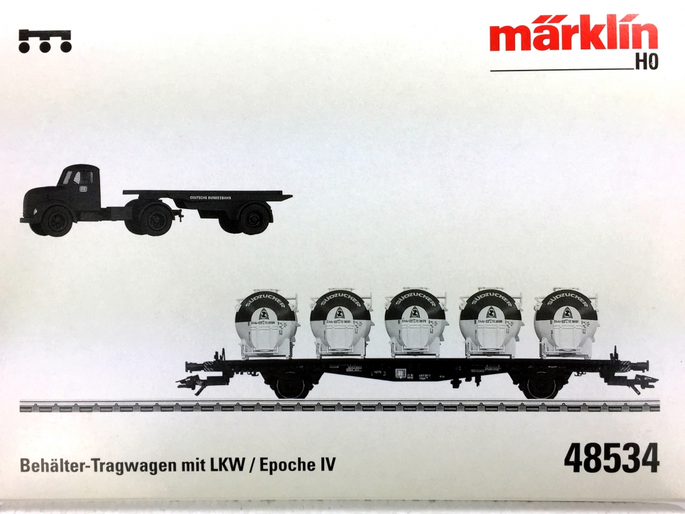 Bild 1 von H0 DC MÄRKLIN 48534 - Set Behälter-Tragwagen und LKW - Südzucker Typ Lbgjs 598 - Ep. IV