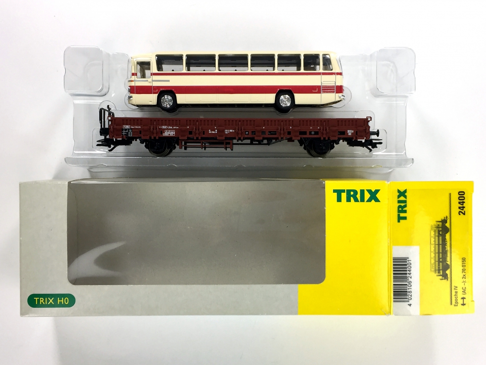 Bild 1 von H0 DC TRIX 24400 - Rungenwagen zum Omnibus-Transport Mercedes O 302 - Kbs 443 - Ep. IV