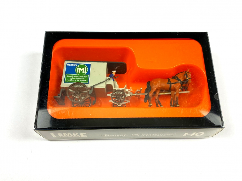Bild 1 von H0 PREISER HA 03549 - Figuren - IMI Kastenwagen mit 2 Pferden