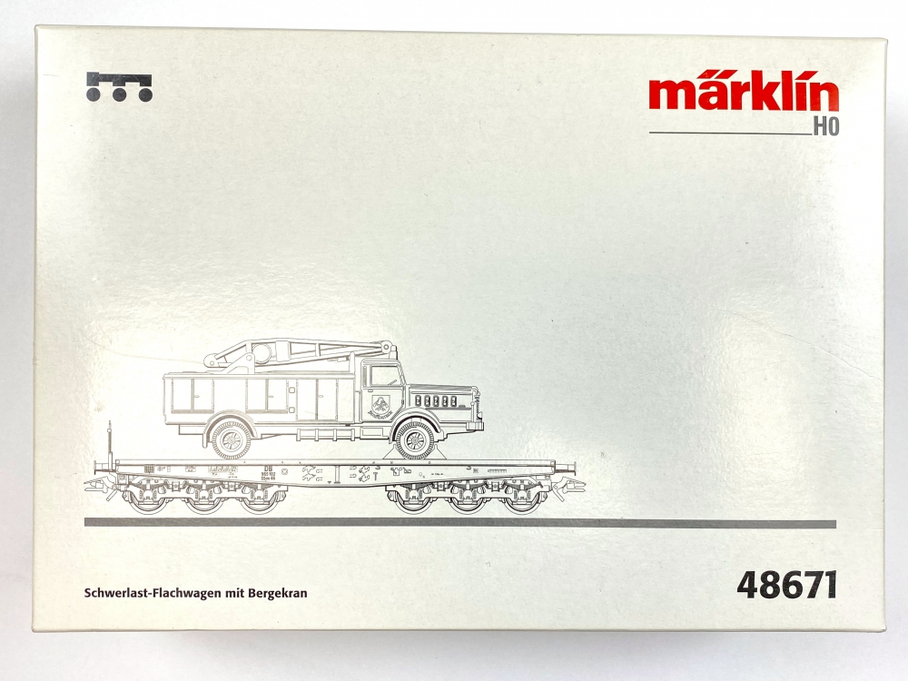 Bild 1 von H0 AC MÄRKLIN 48671 - Schwerlast-Flachwagen mit Bergekran Büssing - DB - Ep. III - MHI