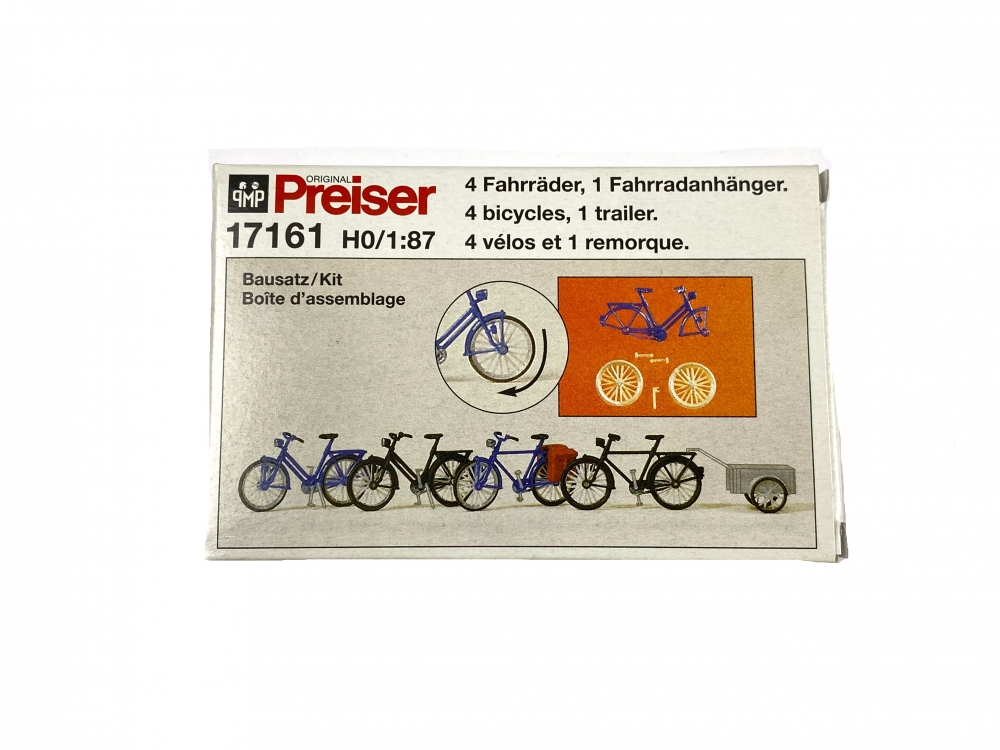 Bild 1 von H0 PREISER 17161 - 4 Fahrräder, 1 Fahrradanhänger (Bausatz, unbemalt)